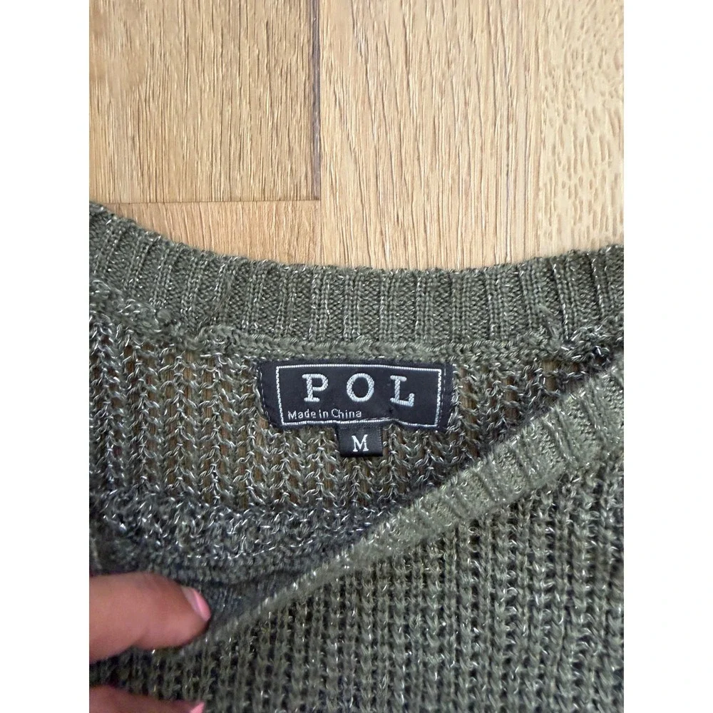POL Olive Green Sparkle Open Knit Sweater Top Button Shoulder Boho indie M